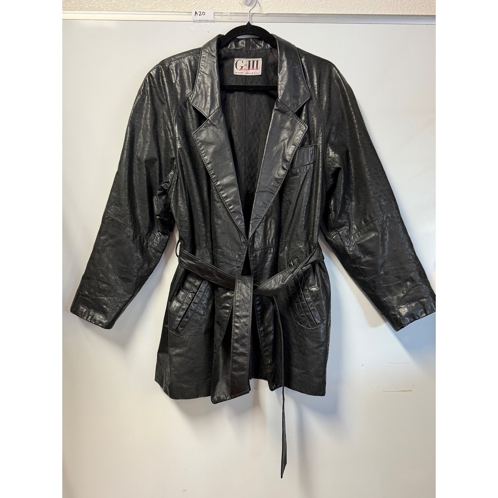Vintage G-III Leather Fashions Black Textured Belted Trench Jacket Made in USA